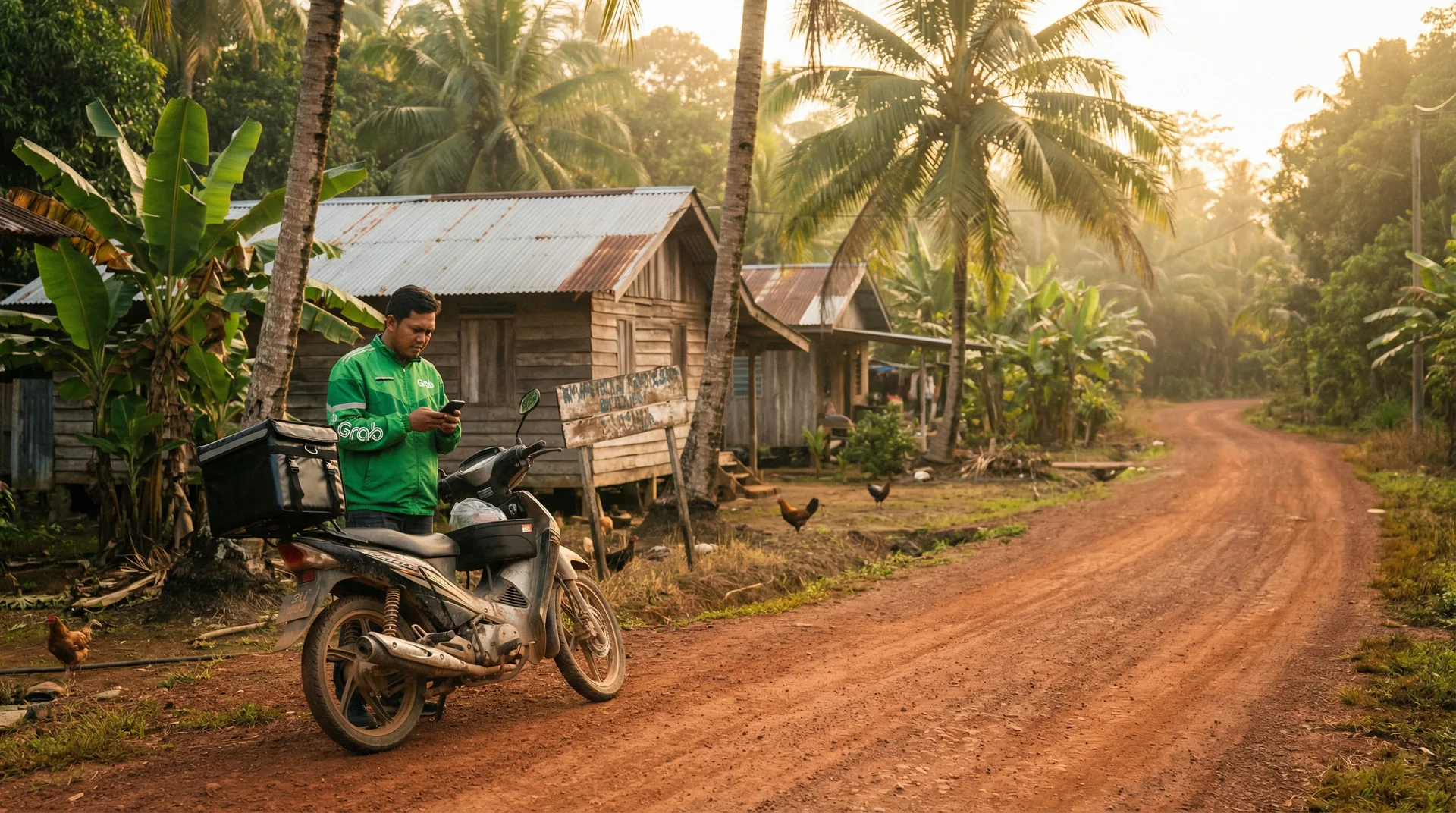 Delivery rider on dirt road in kampung